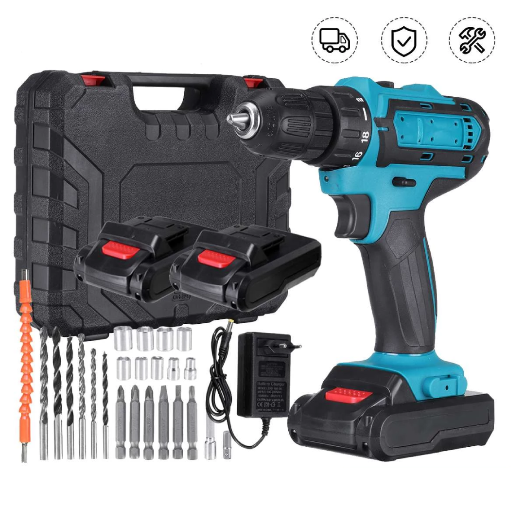 21V Electric Impact Drill Cordless Screwdriver 3 Functions Power Tools II درل شحن مع طقم ريش