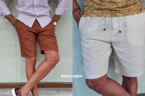 Two pairs of men's summer shorts in different colors and styles, one featuring a classic chino design and the other with a trendy pattern, ideal for versatile summer wardrobe options.