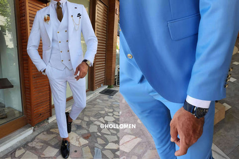 Two lightweight and breathable HolloMen men's summer suits side by side, featuring tailored fits and modern designs, ideal for staying stylish and comfortable during formal summer occasions and events.