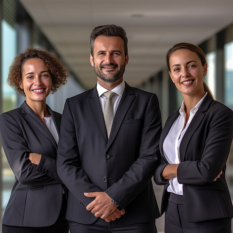 professionally dressed man and two women in business attire