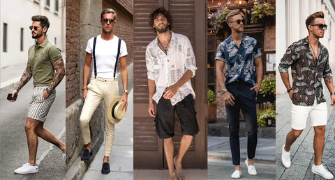 Collage of diverse summer outfits for men, including casual shorts, stylish shirts, and comfortable footwear, perfect for staying cool and stylish in warm weather.