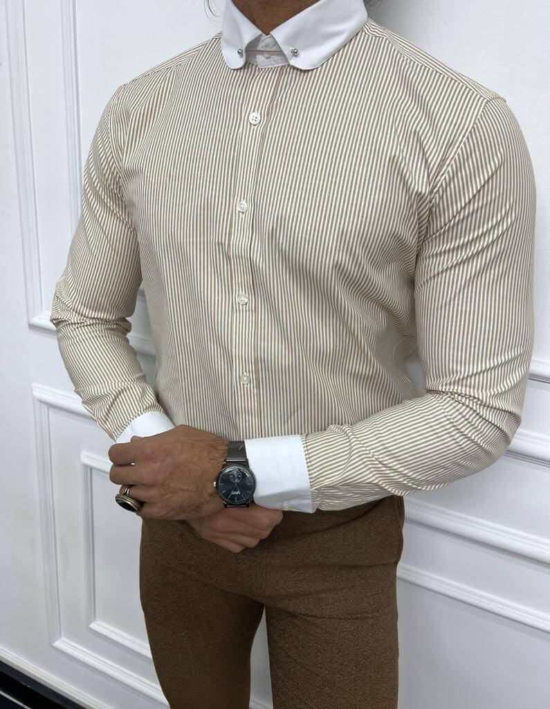 Slim-Fit Striped Short-Sleeve Beige Shirt | Men's Casual Fashion