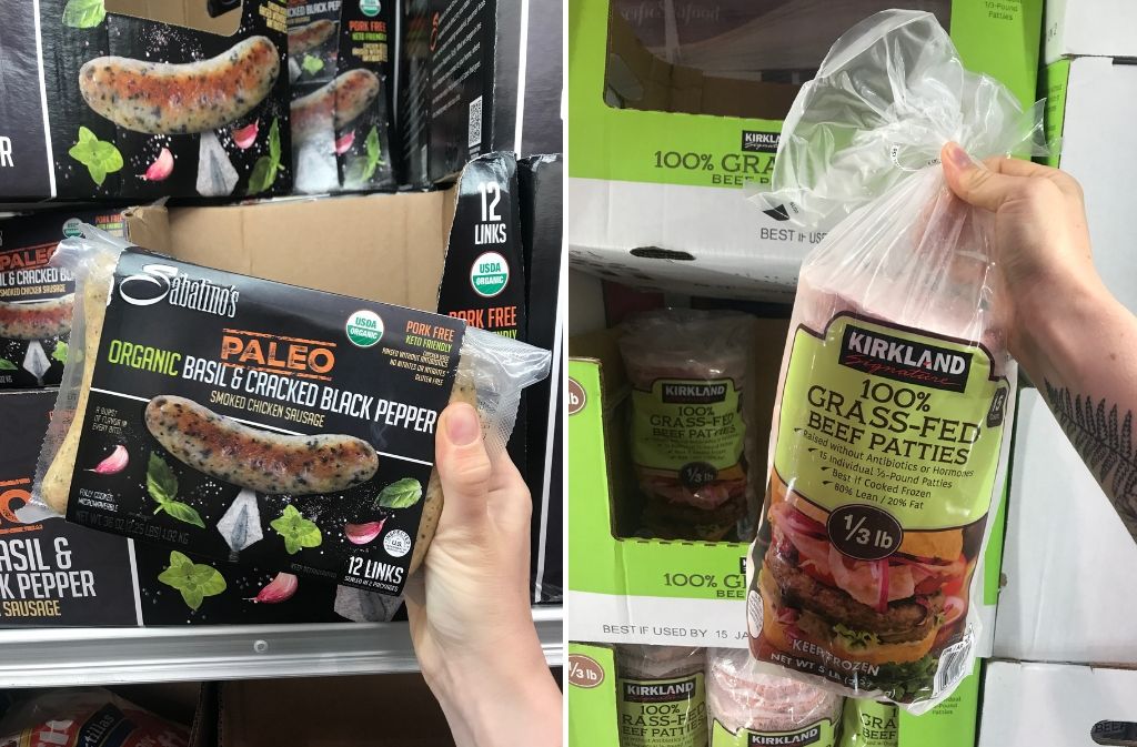 keto foods at costco a package of paleo sausages beside a bag of kirkland grass-fed beef patties  