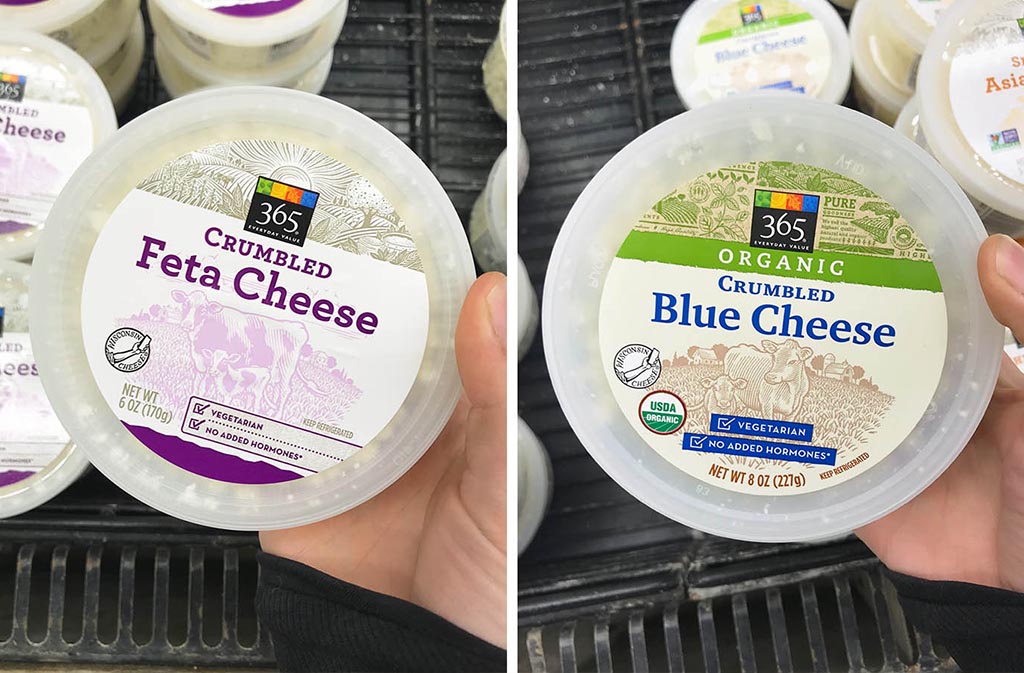 crumbled feta cheese next to blue cheese