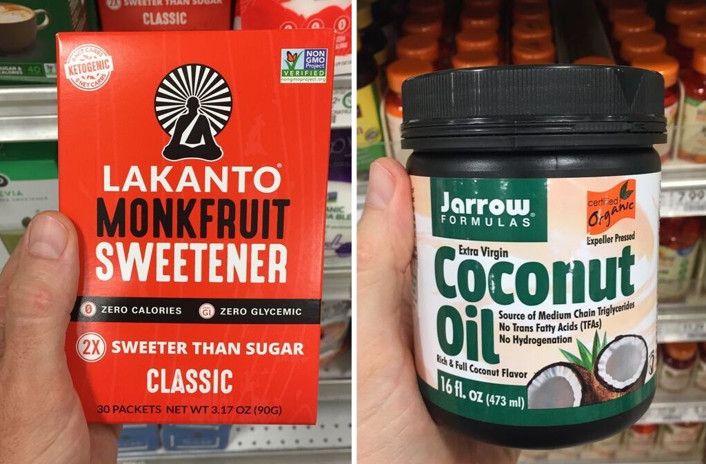 box of lakanto monkfruit sweetener beside a jar of jarrow formulas coconut oil