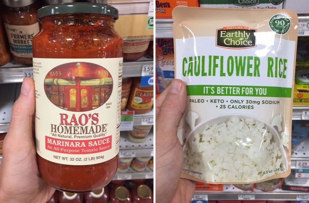 jar of raos homemade marinara sauce beside a bag of nature's earthly choice cauliflower rice