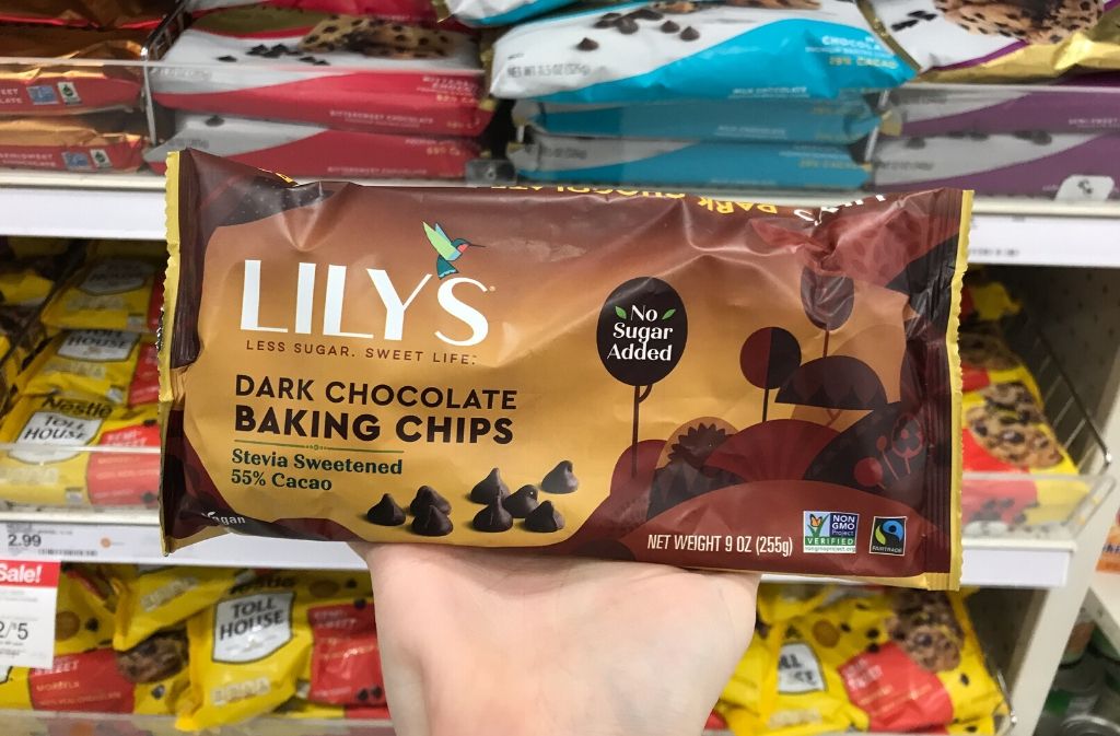 rectangular package of lily's dark chocolate baking chips