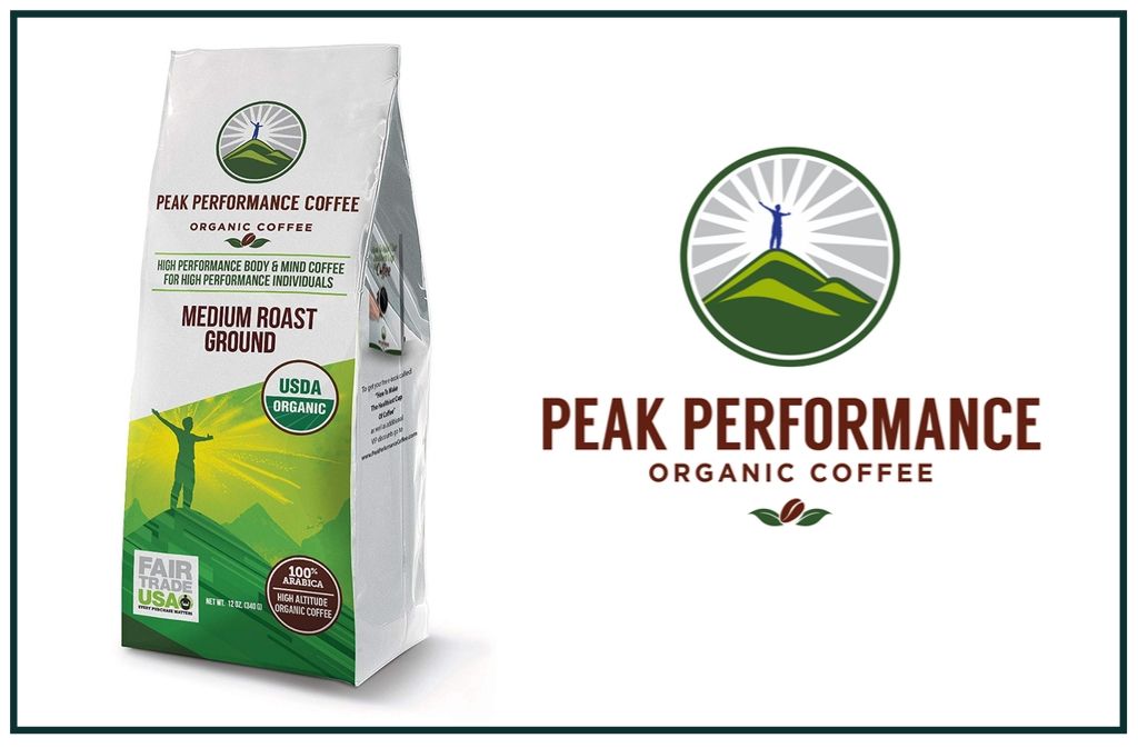 bag of peak performance organic coffee beside peak performance logo