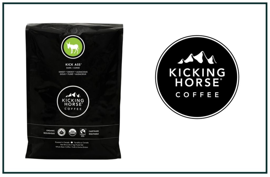 bag of kicking horse coffee next to kicking horse coffee logo