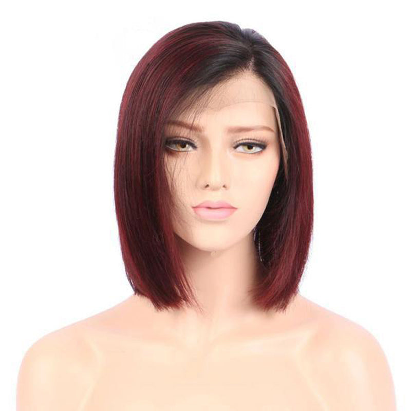 16 Inches Short Bob Wig With Baby Hair Ombre Red Human Blend Lace