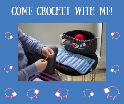 crochet classes for beginners near me - image of woman crocheting on blue background with pink and white sheep and caption - come and crochet with me!