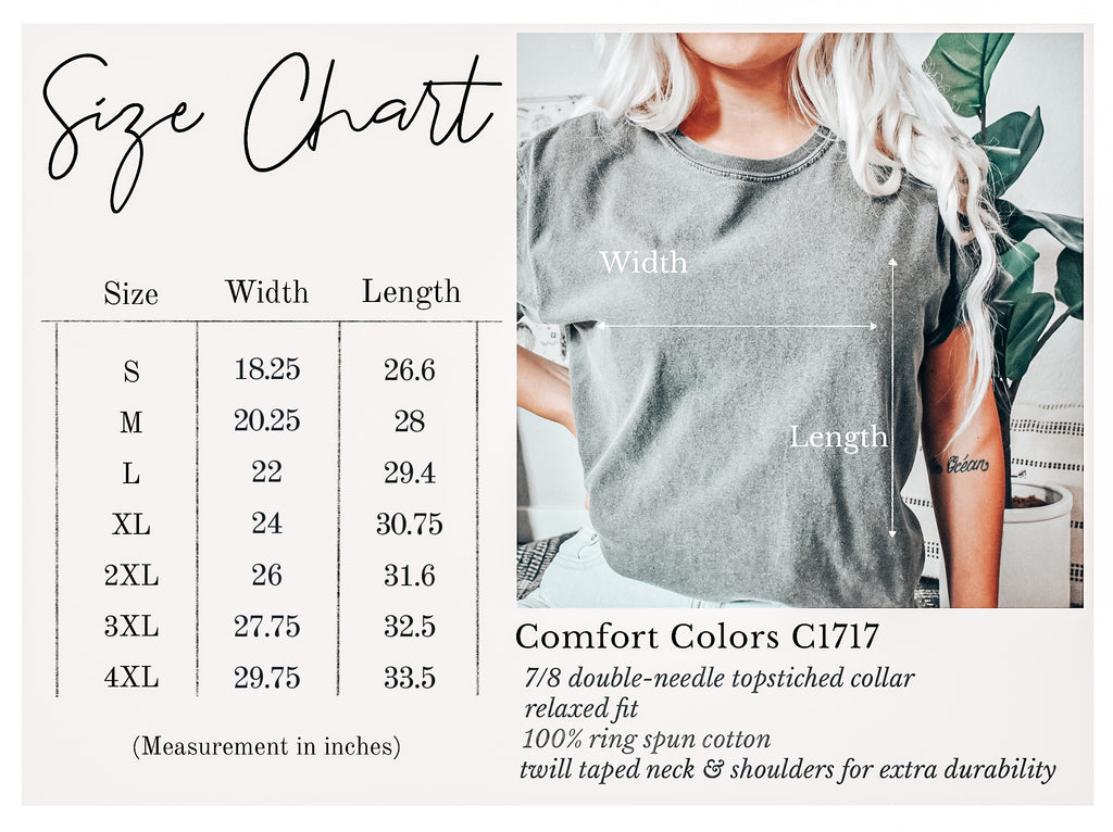 Comfort Colors shirt size chart showing width and length of shirts in inches for sizes small, medium, large, extra large, 2XL, 3XL, and 4XL.