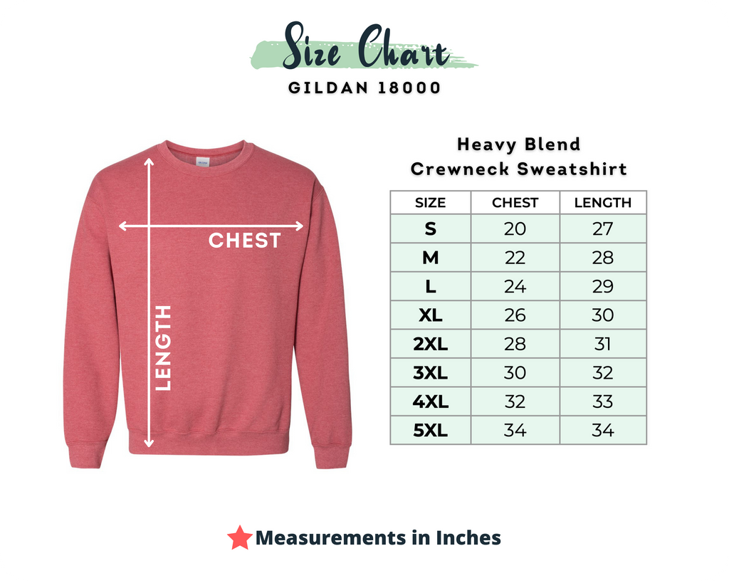 Gildan 18000 sweatshirt size chart showing chest and length measurements in inches for sizes small, medium, large, extra large, 2X, 3X, 4X, and 5X.