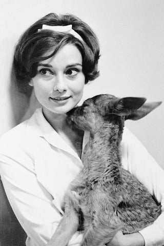 black and white image of woman with white headband holding a baby deer 