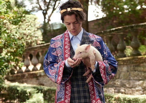 Harry Styles holding a baby pig while wearing bright patterned clothes and a gold headband 