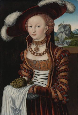 painting of woman in the Middle Ages wearing a knitted snood and large black brimmed hat