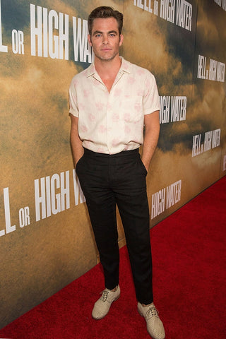 Chris Pine Cuban Collar Shirt Pink and Black on Red Carpet