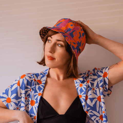 Yammy's Dancers Unisex Reversible Bucket Hat For Women in Blue, Orange, Pink Statement Print