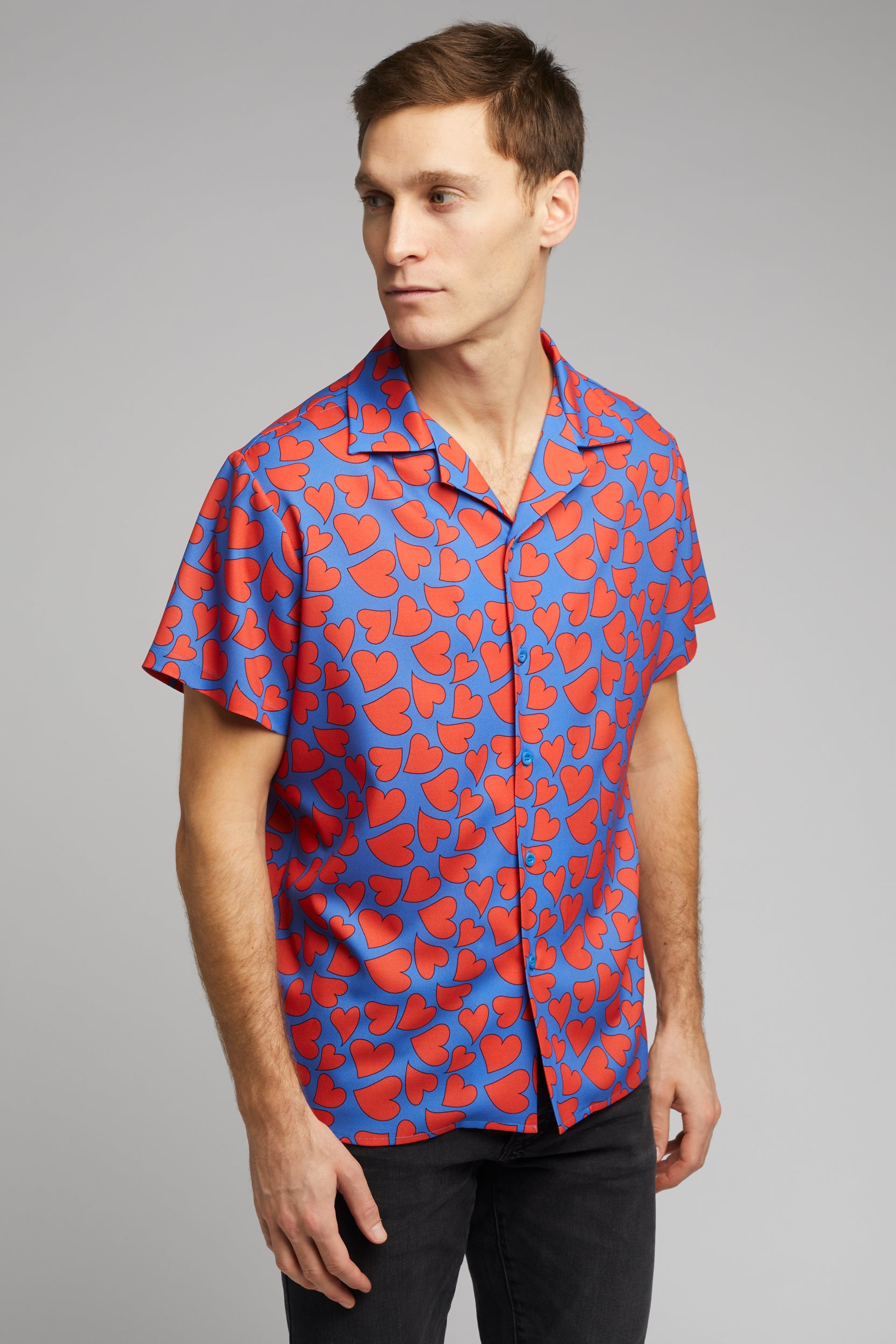 Men's Cuban Collar Shirt in Red Blue Heart Print | Newt London – NEWT