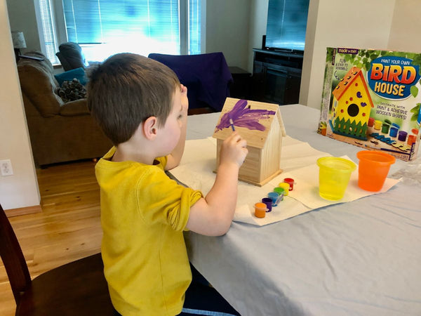 A little boy coloring a birdhouse he built from a kit
