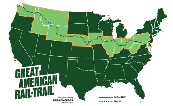 A map showing the Great American Rail Trail Route from the Rails to Trails Conservancy