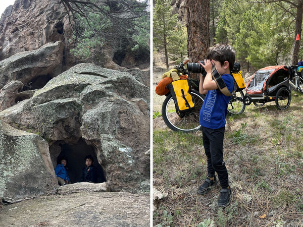 A photo gallery with one photo of two people in a cave and one photo of a young boy in the woods looking through a camera lense