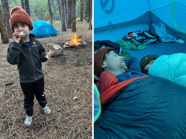 A photo of a young boy eating a s'more in front of a campfire and a photo or a man sleeping in a tent with a young child who is wearing a Morrison Outdoors Sleeping Bag