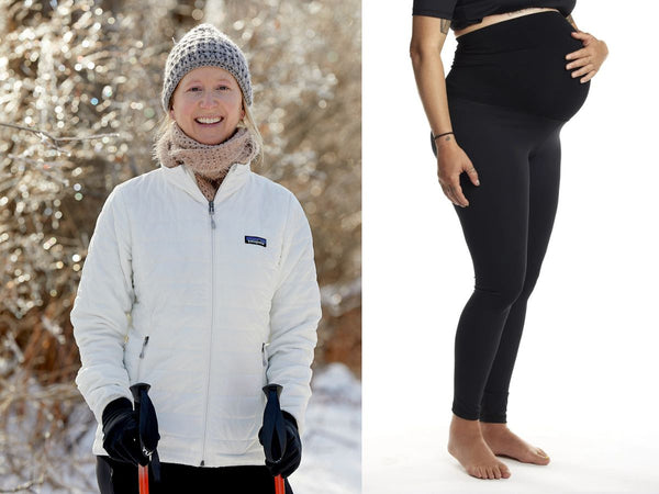The founder of Arctic Lynx hiking in a snowy landscape and the maternity outdoor leggings she created