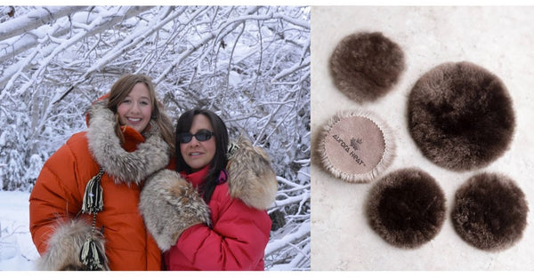 The founders of Aurora Heat wearing parkas in a snowy landscape next to an image of their product