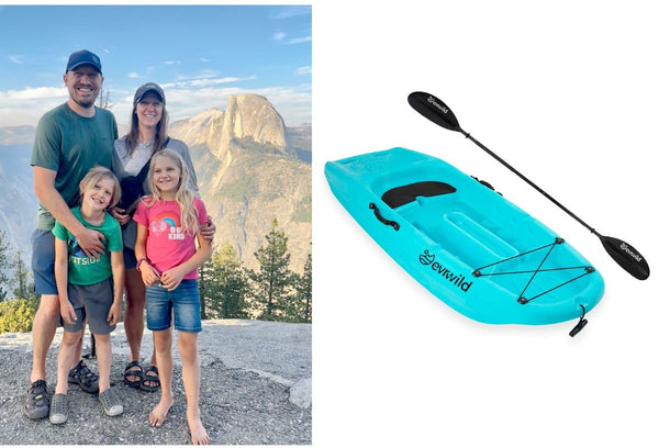 The founders of Evrwild hiking with their family next an image of the kids kayak they created