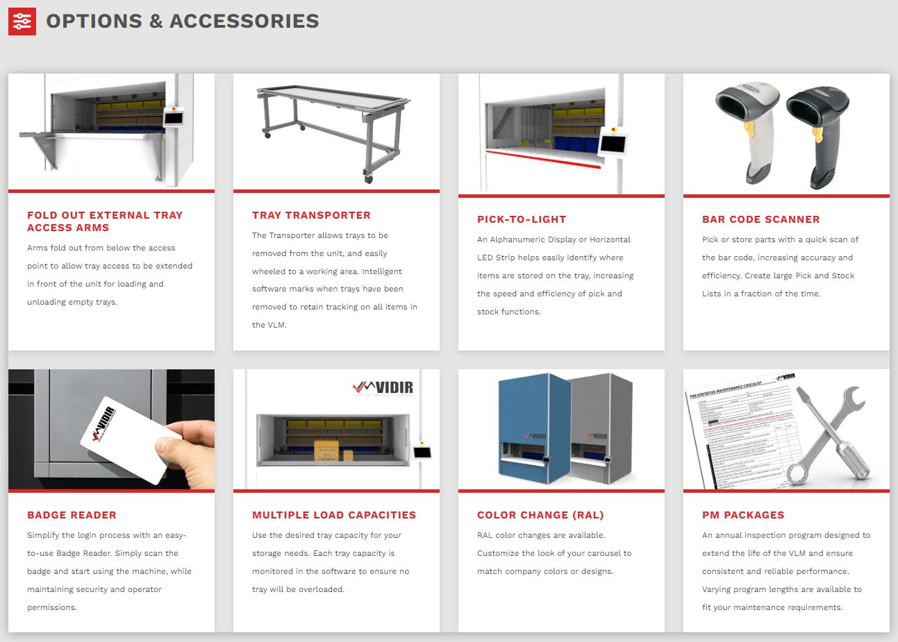 Vidir Vertical Lifting Module - Options and Accessories