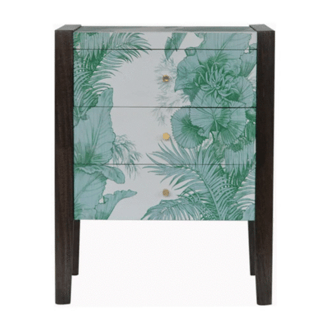 Mayah - Petit meuble de rangement en manguier 3 tiroirs imprimé tropical de forme rectangulaire avec une structure bois massif de manguier teinte noire cendrée. 