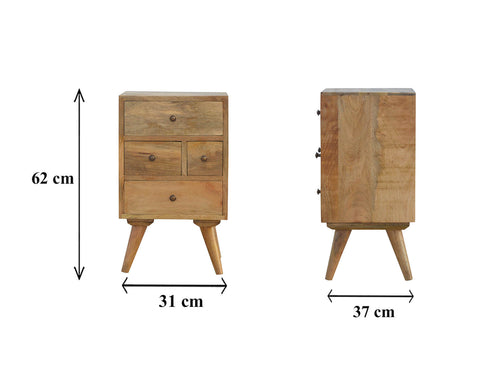 Petit meuble de rangement design scandinave à 4 tiroirs fabriqué à partir de bois de manguier.
