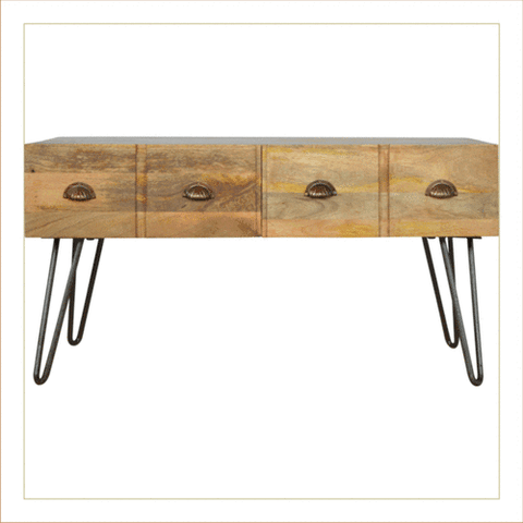 Bien-aise, table basse design industriel en bois massif pieds en fer.