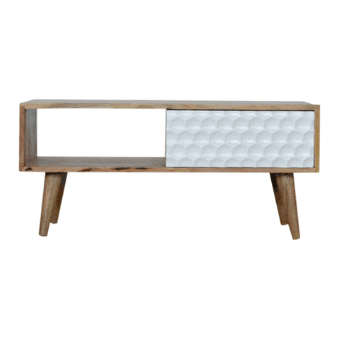 Acheter un meuble tv design en manguier pas cher de forme rectangulaire avec des pieds de style scandinave.