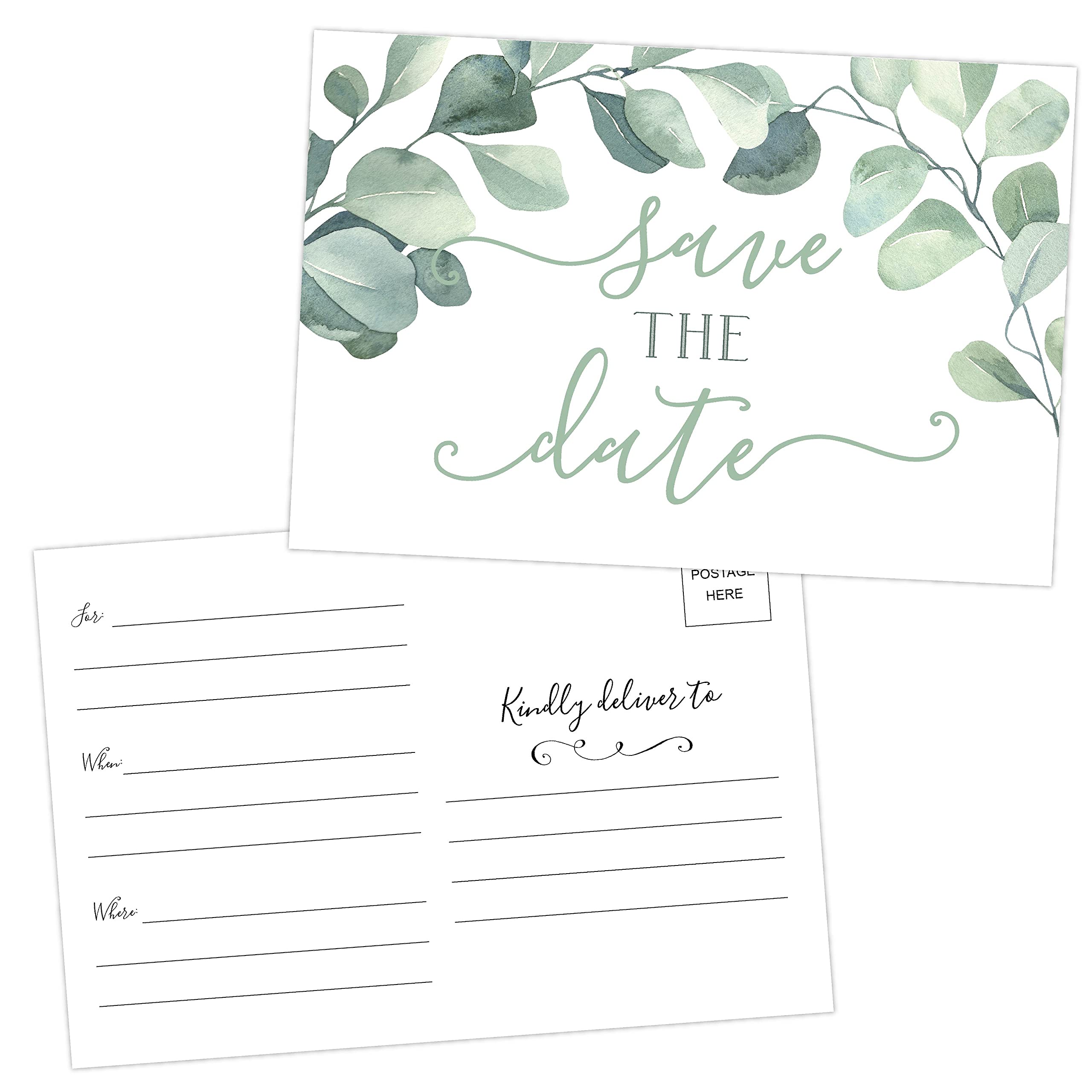 Your Main Event Prints 50 Eucalyptus Save The Date Cards for Wedding, Engagement, Anniversary, Baby Shower, Birthday Party - Save The Dates Postcard Invitations