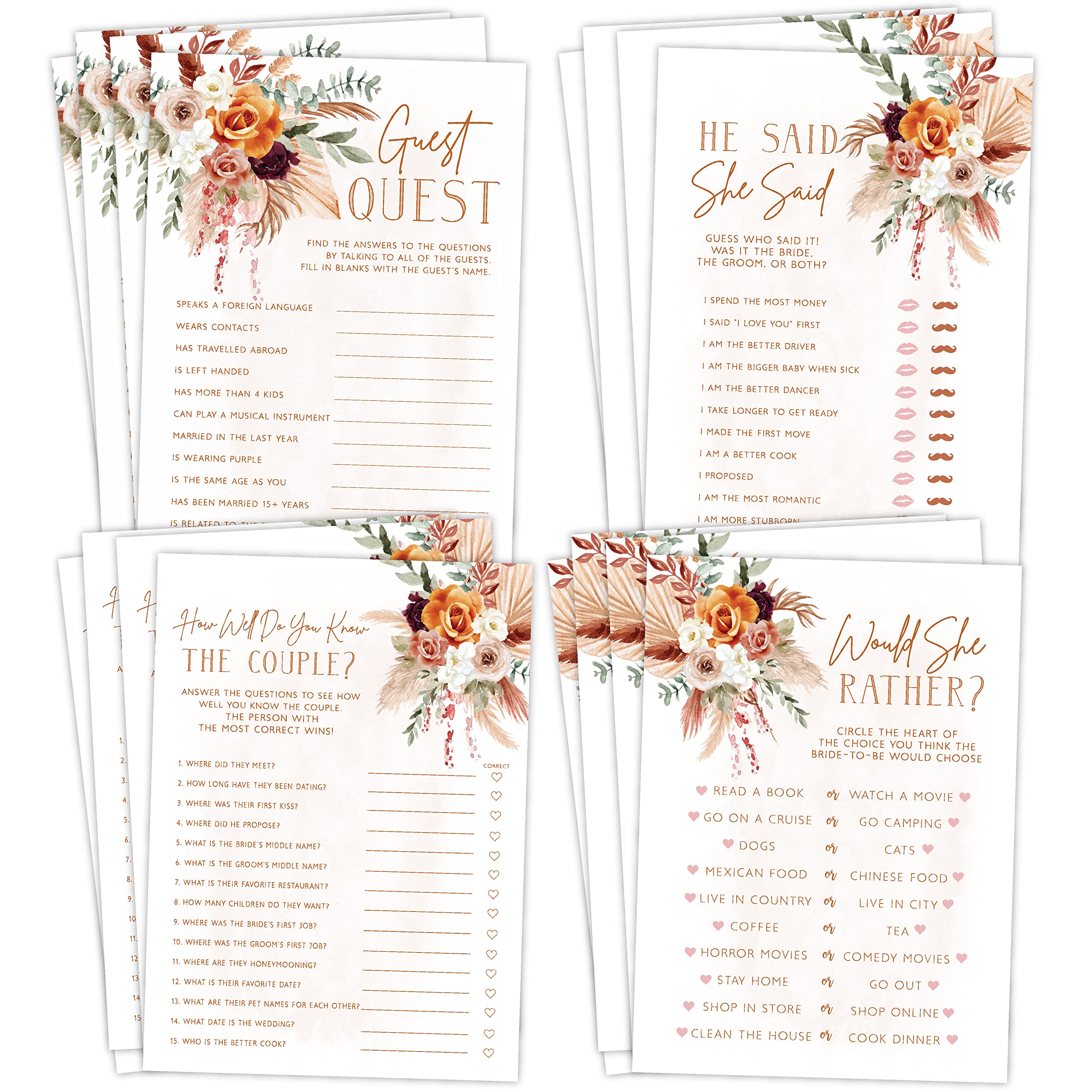 Fun Bridal Shower Games, Boho Floral Terracotta Orange Wedding Activities Set, 25 Double-Sided Cards, Includes Guest Quest, He Said She Said, Would She Rather?, and How Well Do You Know The Couple?