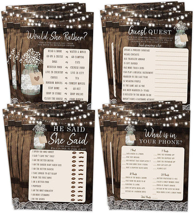 Bridal Shower Bachelorette Games, Rustic Wood Barrel Mason Jar, He Said She Said, Find The Guest Quest, Would She Rather, Phone Game, 25 games each - Your Main Event