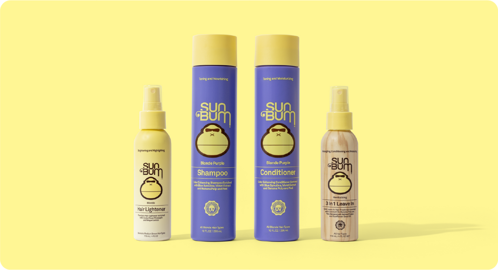 Sun Bum’s Blonde Hair Care Products – blonde hair lightener spray, blonde purple shampoo, blonde purple conditioner, and the 3 in 1 Leave in conditioner spray