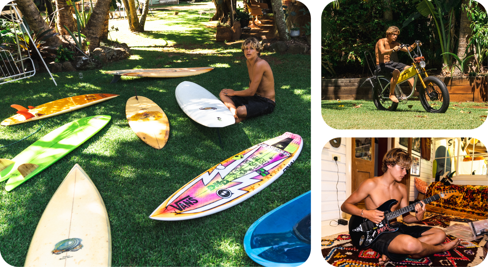 Collage of images featuring a man on a lawn with surf boards, biking, and playing the electric guitar