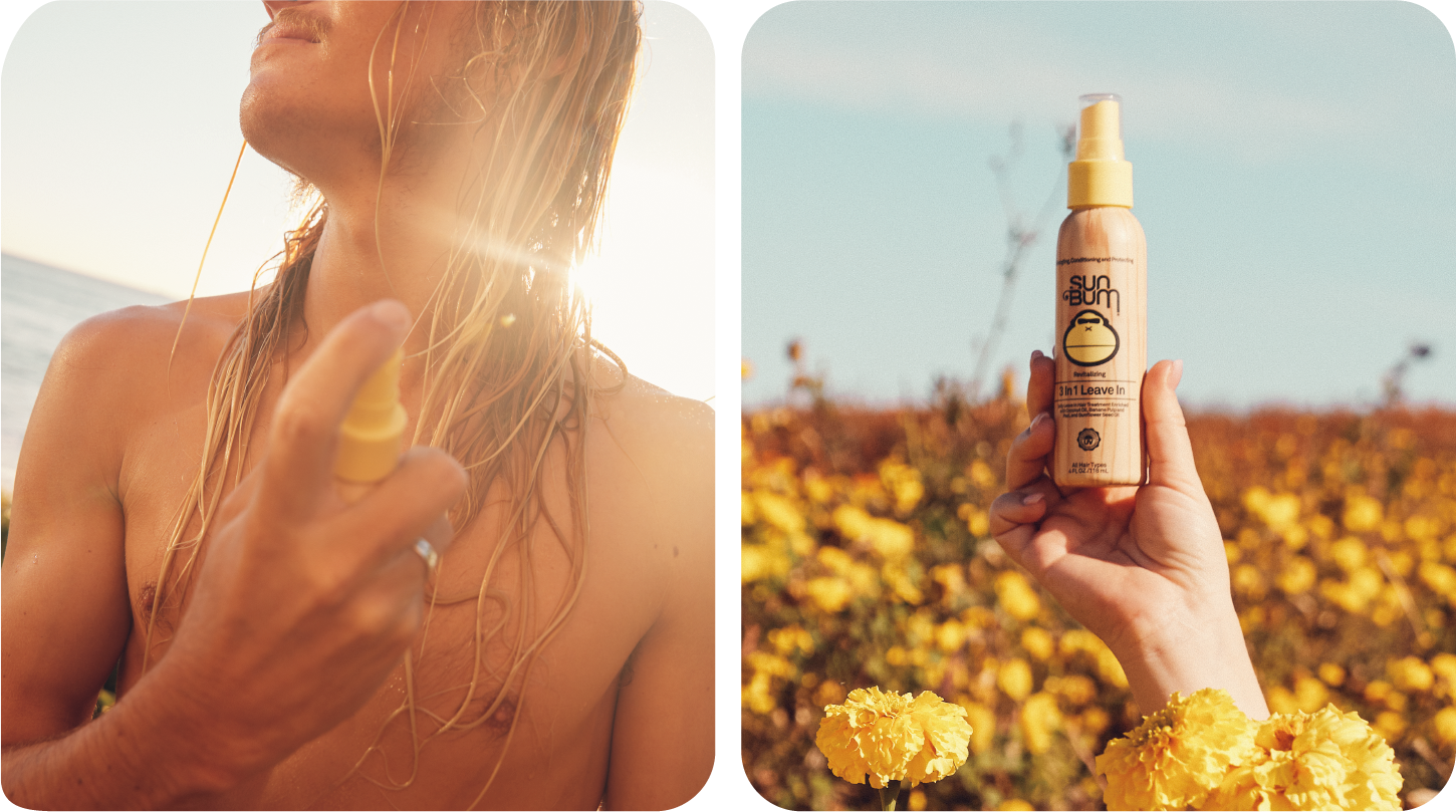 Spraying Sun Bum 3 in 1 Leave In into hair and holding bottle in hand