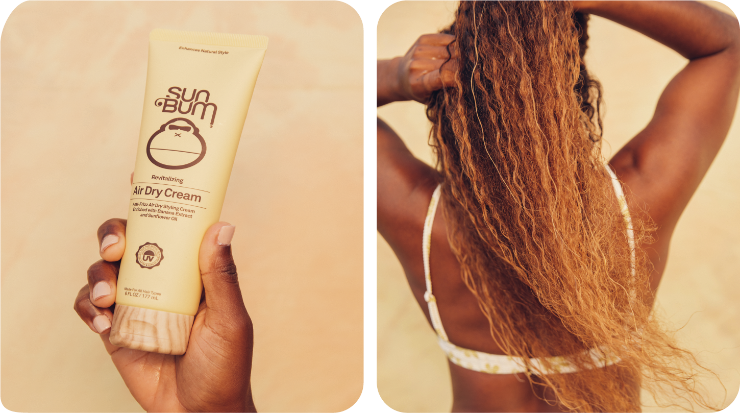 Sun Bum Air Dry Cream and girl adding product to hair