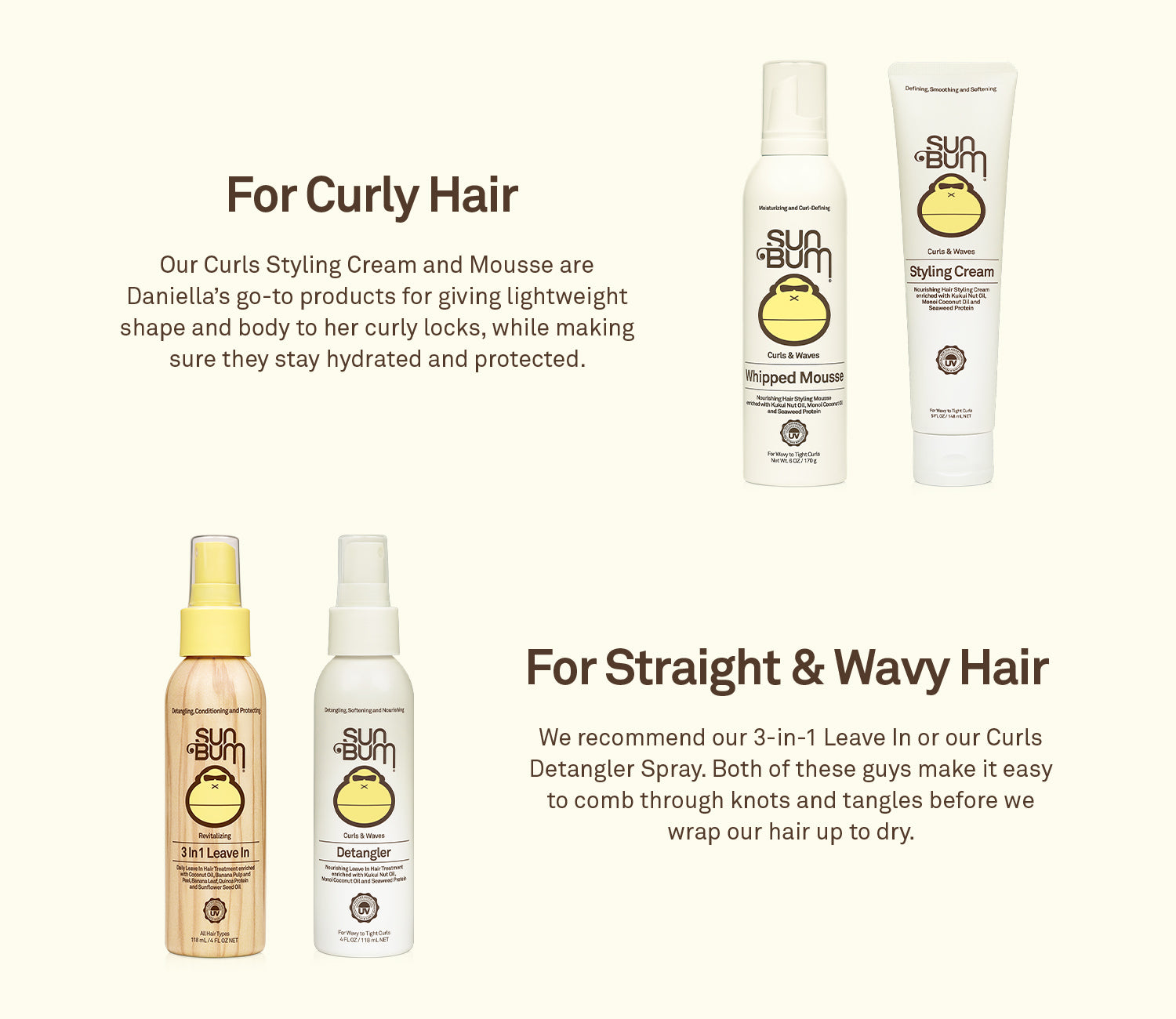 Sun Bum products for curly hair and Sun Bum product for straight/wavy hair