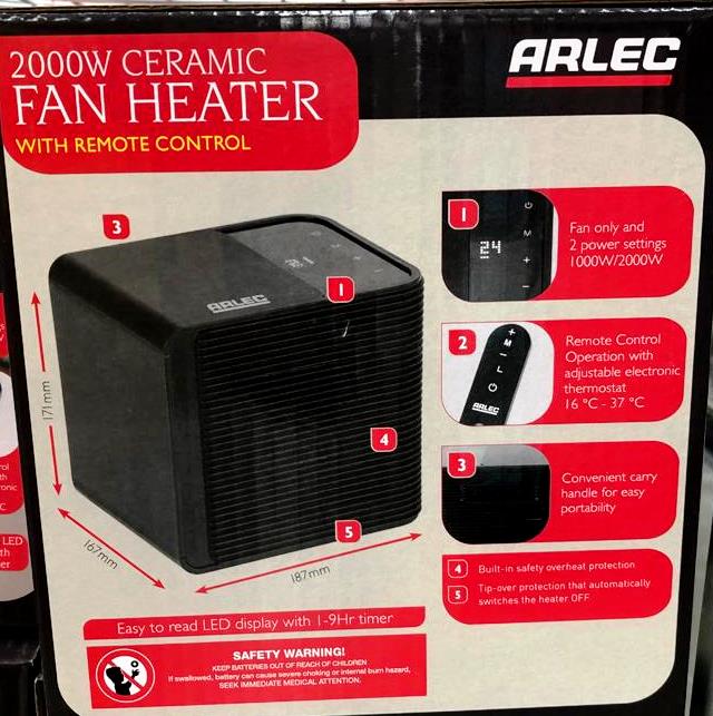 Arlec 2000W Black Ceramic Fan Heater with Remote Control – TheITmart