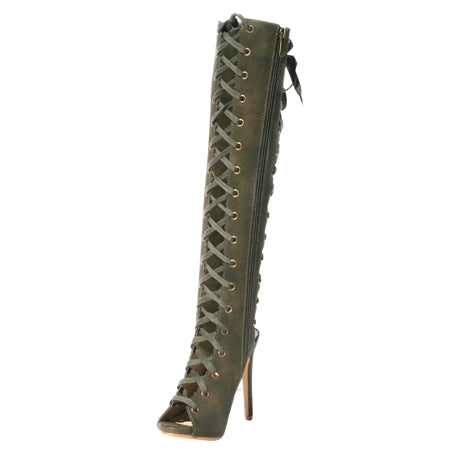 thigh high lace up open toe boots