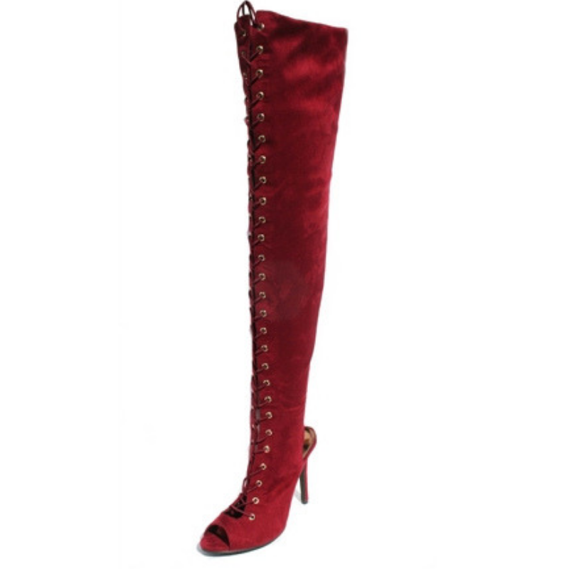 red lace up thigh high boots
