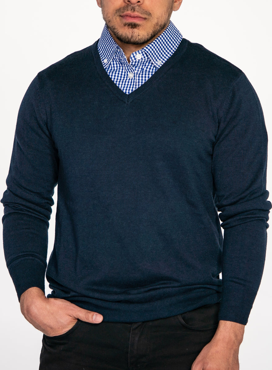 Men's Navy Blue Sweater with Blue Gingham Collared Shirt – Flying Point ...
