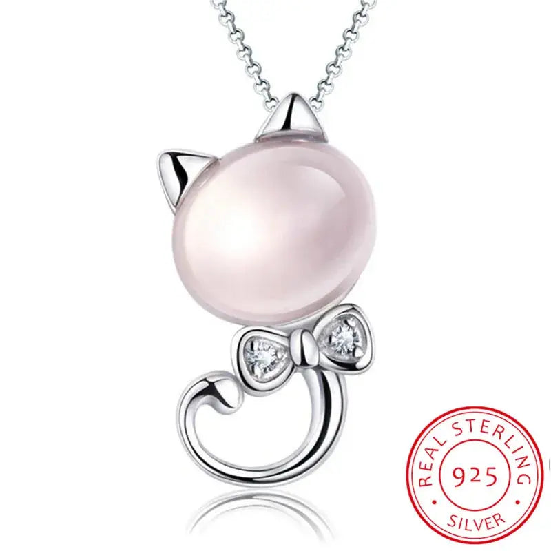925 Sterling Silver Pink Moon Light Stone Cat Pendant Necklace For Women Gift 45cm Link Chain collares kolye S-N75 Vraiment-chat