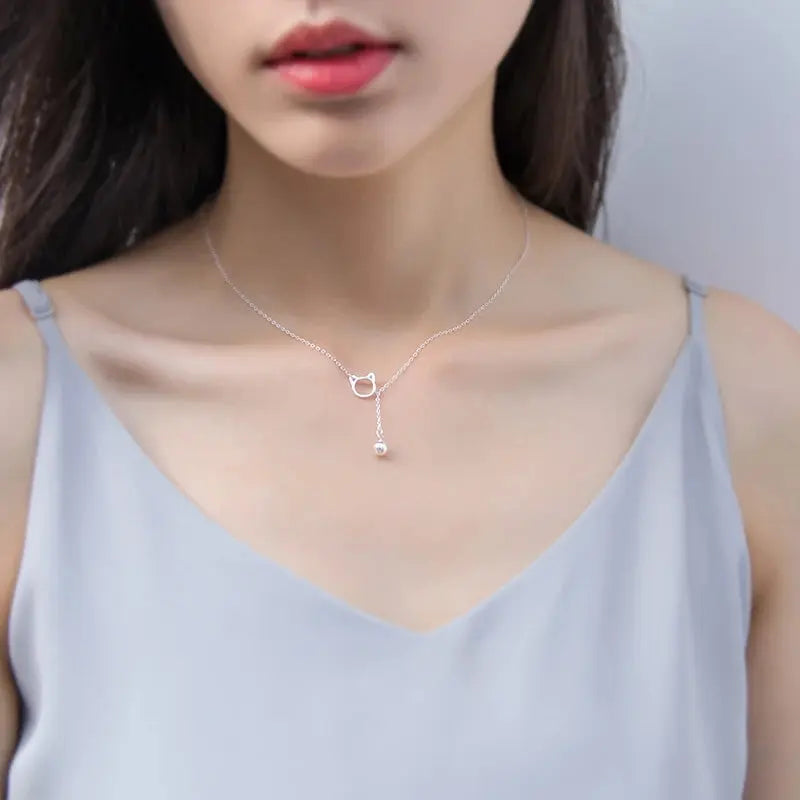 Modian New Arrival Fashion Real 925 Sterling Silver Cat And Bell Cute Chain Necklace Pendant For Women Exquisite Animal Jewelry Vraiment-chat