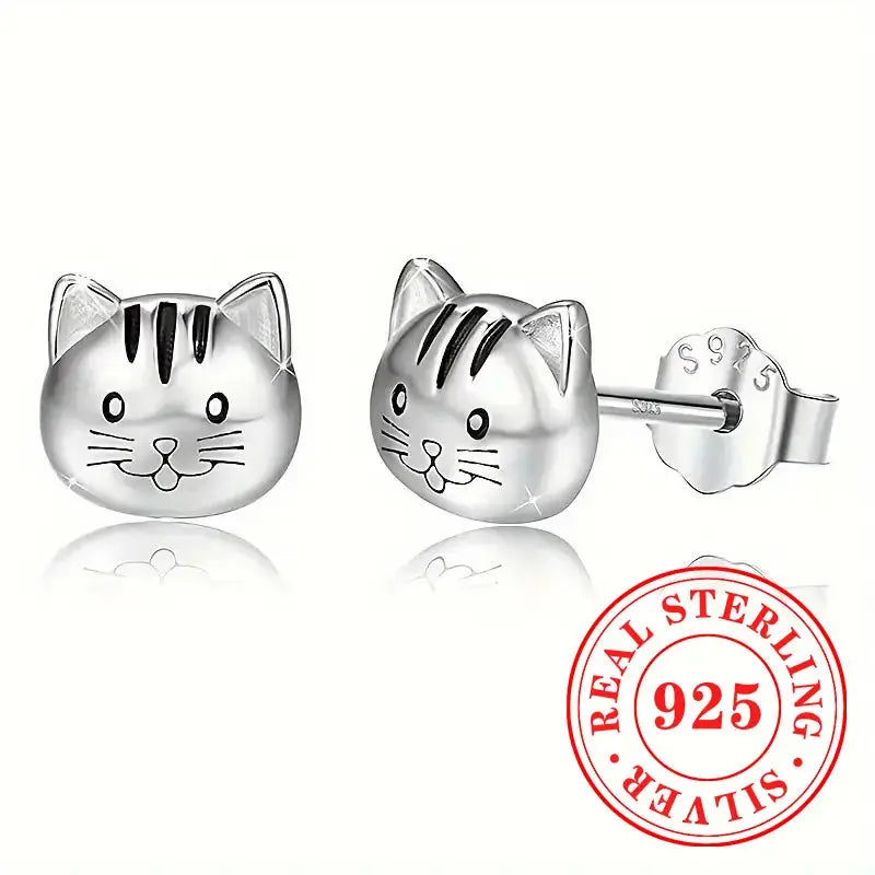 Huitan 925 Sterling Silver Cute Cat Stud Earrings for Women Fancy Animal Simple Stylish Accessory Lovely Gift Statement Jewelry Vraiment-chat
